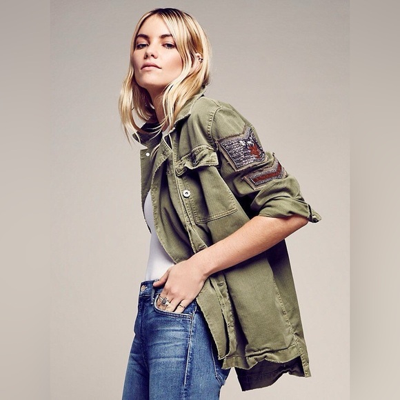 Free People Embellished Military Utlilty Style Shirt Jacket Olive Green Cotton - Picture 3 of 9